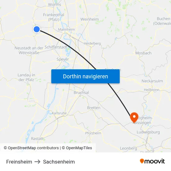 Freinsheim to Sachsenheim map