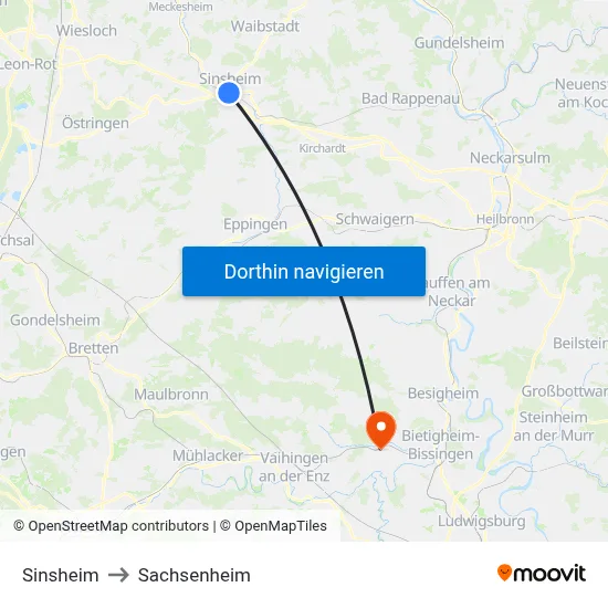 Sinsheim to Sachsenheim map
