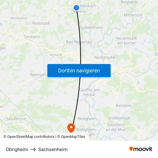 Obrigheim to Sachsenheim map