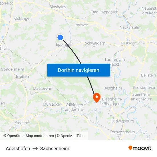 Adelshofen to Sachsenheim map