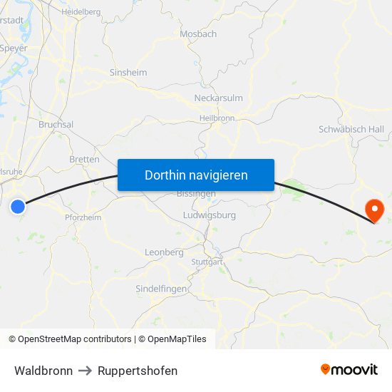 Waldbronn to Ruppertshofen map