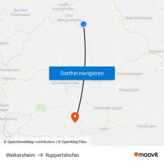Weikersheim to Ruppertshofen map