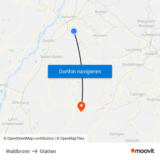 Waldbronn to Glatten map