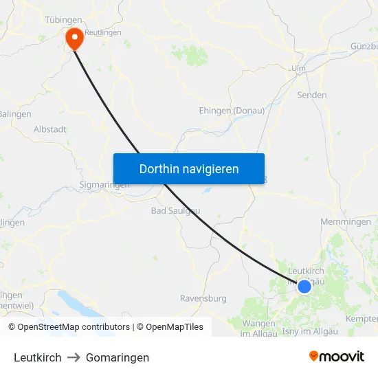 Leutkirch to Gomaringen map