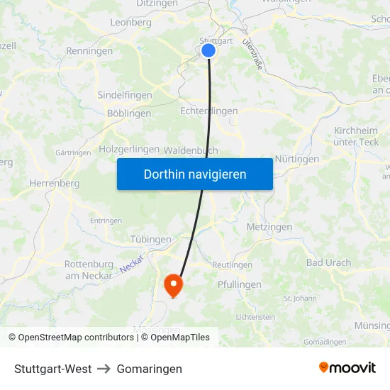Stuttgart-West to Gomaringen map