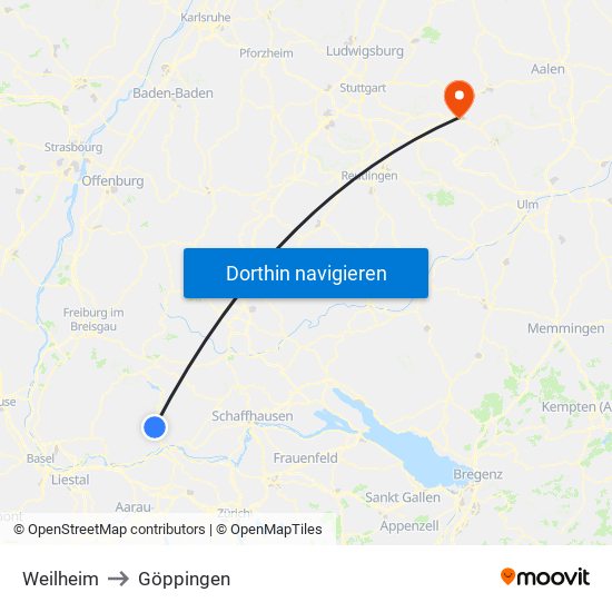Weilheim to Göppingen map