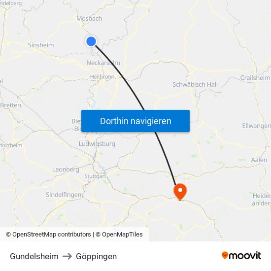 Gundelsheim to Göppingen map