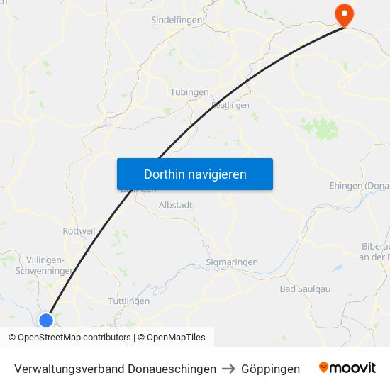 Verwaltungsverband Donaueschingen to Göppingen map