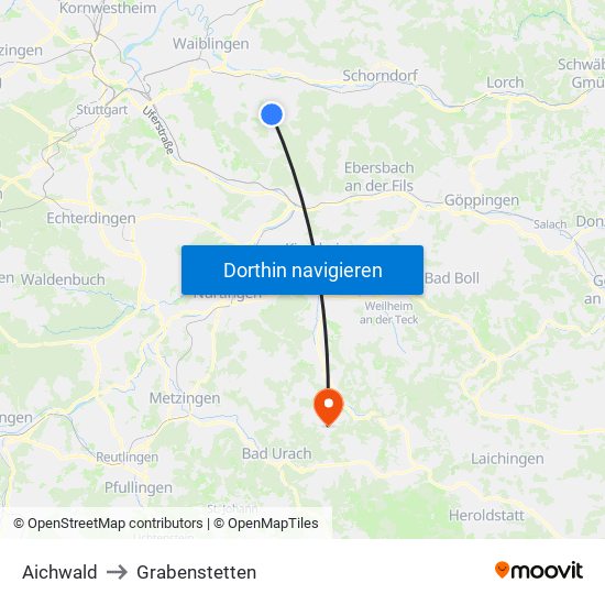 Aichwald to Grabenstetten map