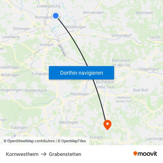 Kornwestheim to Grabenstetten map