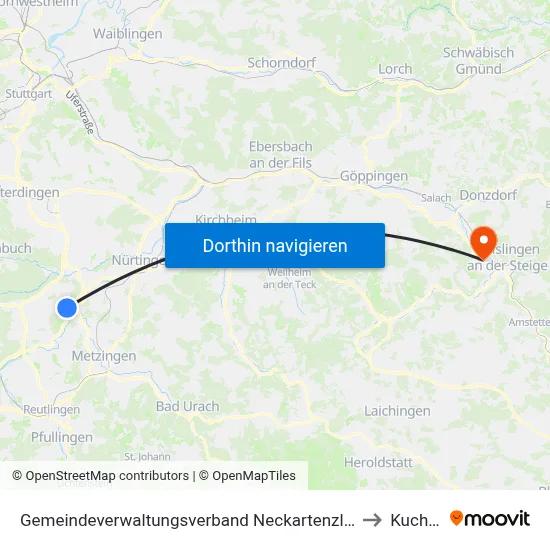 Gemeindeverwaltungsverband Neckartenzlingen to Kuchen map