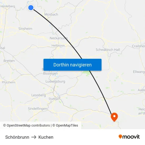 Schönbrunn to Kuchen map