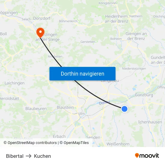 Bibertal to Kuchen map