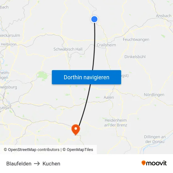 Blaufelden to Kuchen map