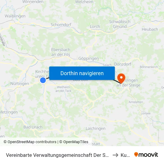 Vereinbarte Verwaltungsgemeinschaft Der Stadt Kirchheim Unter Teck to Kuchen map