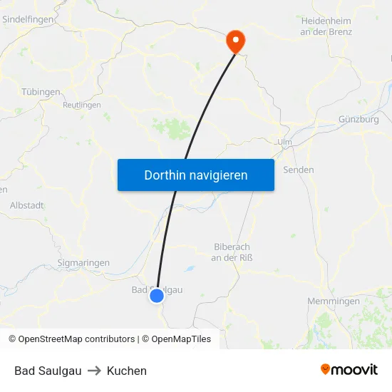 Bad Saulgau to Kuchen map