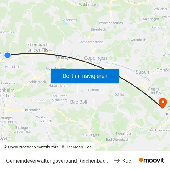 Gemeindeverwaltungsverband Reichenbach An Der Fils to Kuchen map