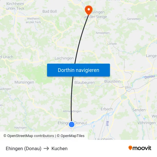 Ehingen (Donau) to Kuchen map