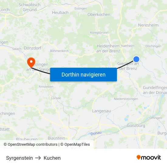Syrgenstein to Kuchen map