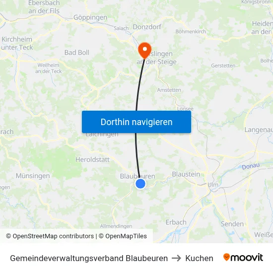 Gemeindeverwaltungsverband Blaubeuren to Kuchen map