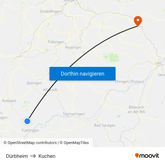 Dürbheim to Kuchen map