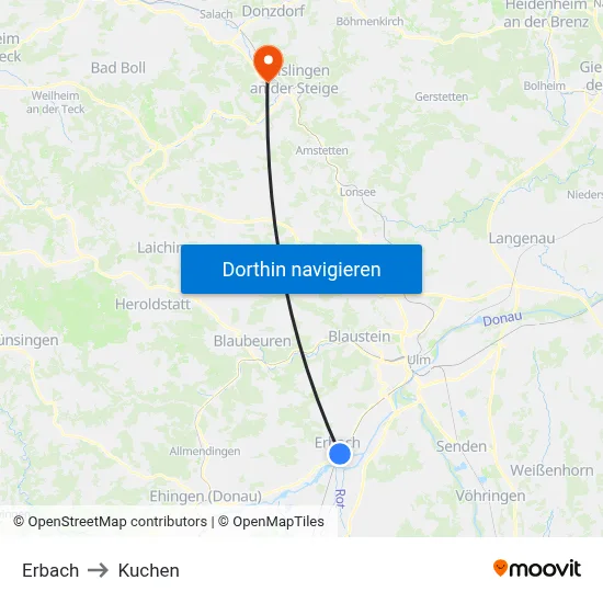 Erbach to Kuchen map