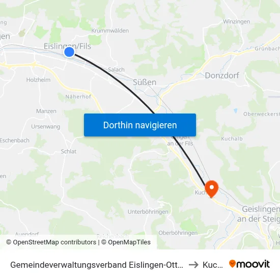 Gemeindeverwaltungsverband Eislingen-Ottenbach-Salach to Kuchen map