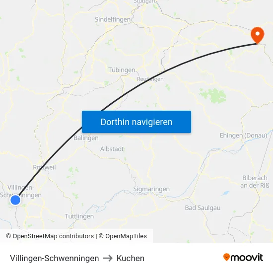 Villingen-Schwenningen to Kuchen map