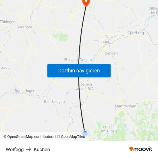Wolfegg to Kuchen map