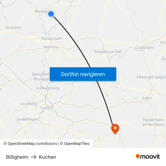 Billigheim to Kuchen map