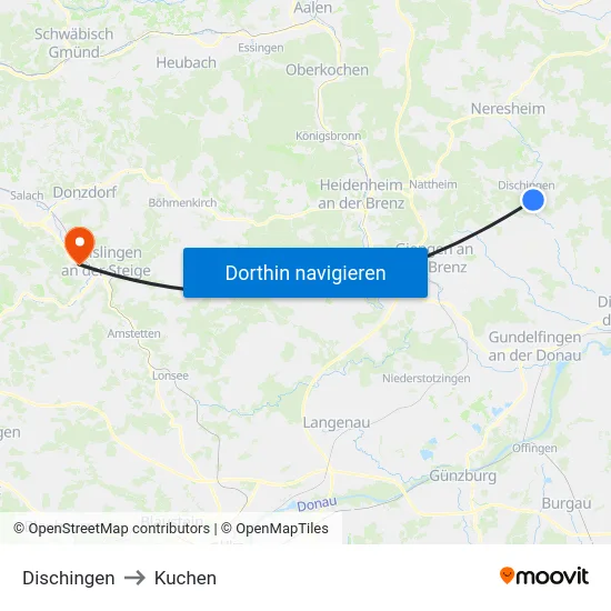 Dischingen to Kuchen map