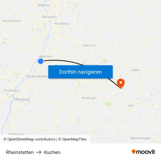 Rheinstetten to Kuchen map