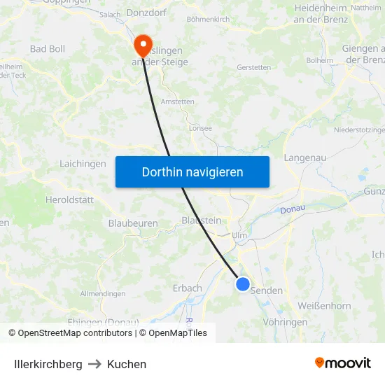 Illerkirchberg to Kuchen map