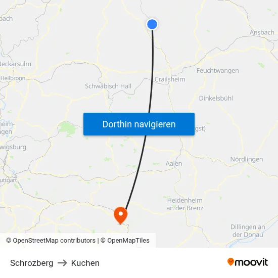 Schrozberg to Kuchen map