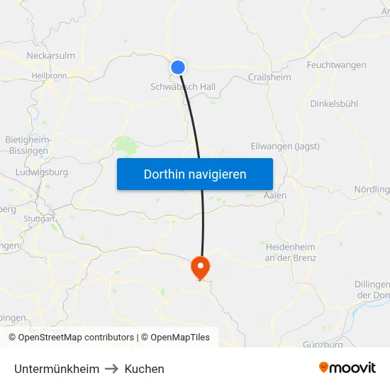 Untermünkheim to Kuchen map