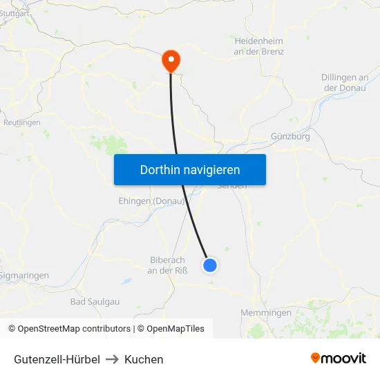 Gutenzell-Hürbel to Kuchen map