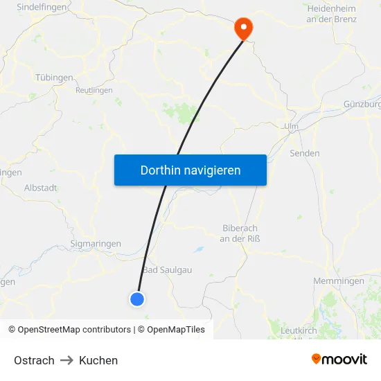 Ostrach to Kuchen map