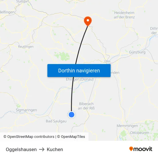 Oggelshausen to Kuchen map
