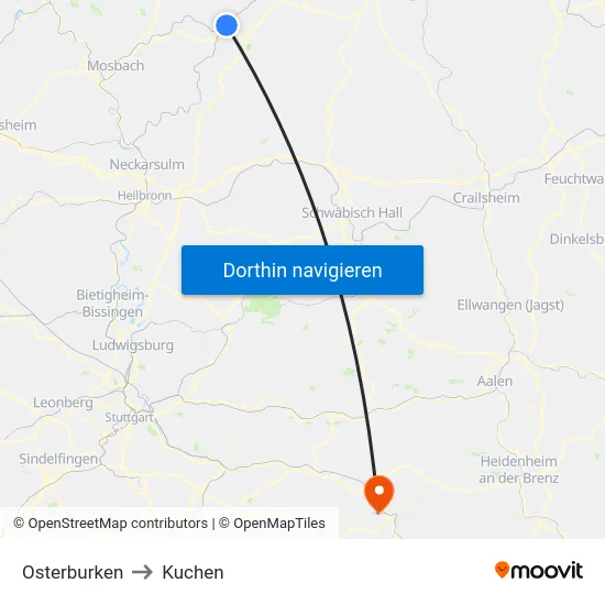 Osterburken to Kuchen map