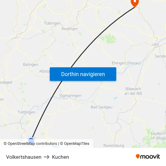 Volkertshausen to Kuchen map