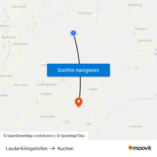 Lauda-Königshofen to Kuchen map