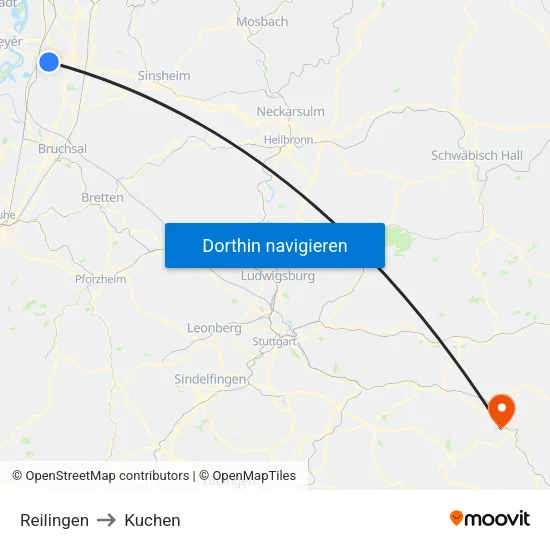 Reilingen to Kuchen map