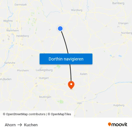 Ahorn to Kuchen map