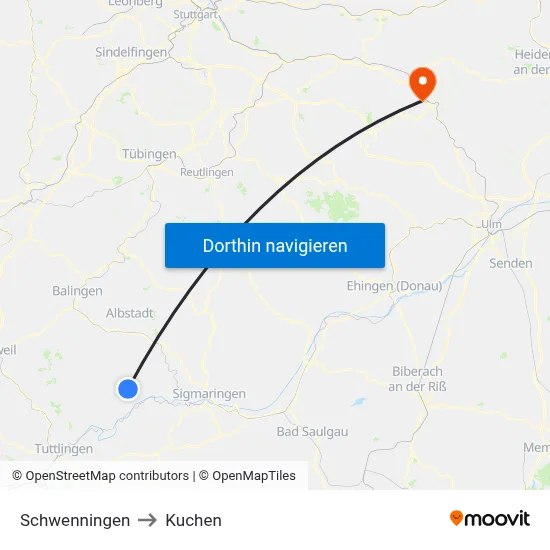 Schwenningen to Kuchen map