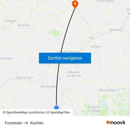 Fronreute to Kuchen map