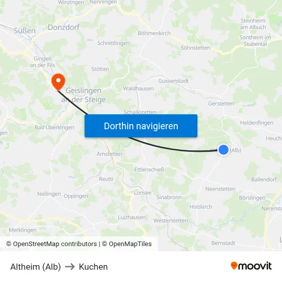 Altheim (Alb) to Kuchen map