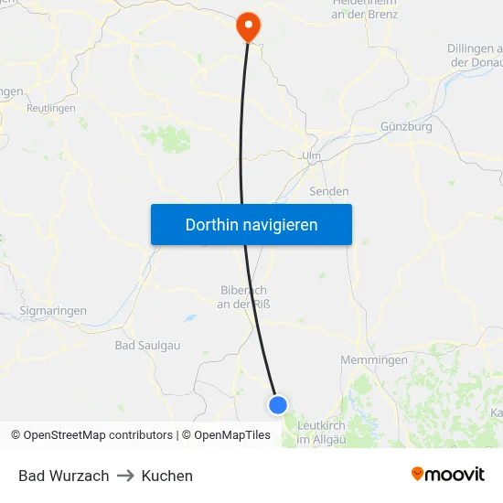 Bad Wurzach to Kuchen map