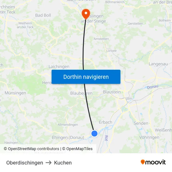 Oberdischingen to Kuchen map