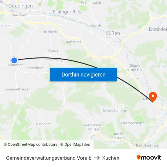 Gemeindeverwaltungsverband Voralb to Kuchen map