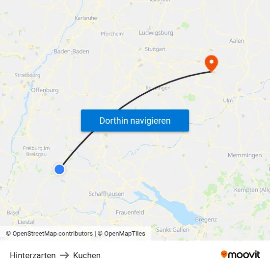 Hinterzarten to Kuchen map